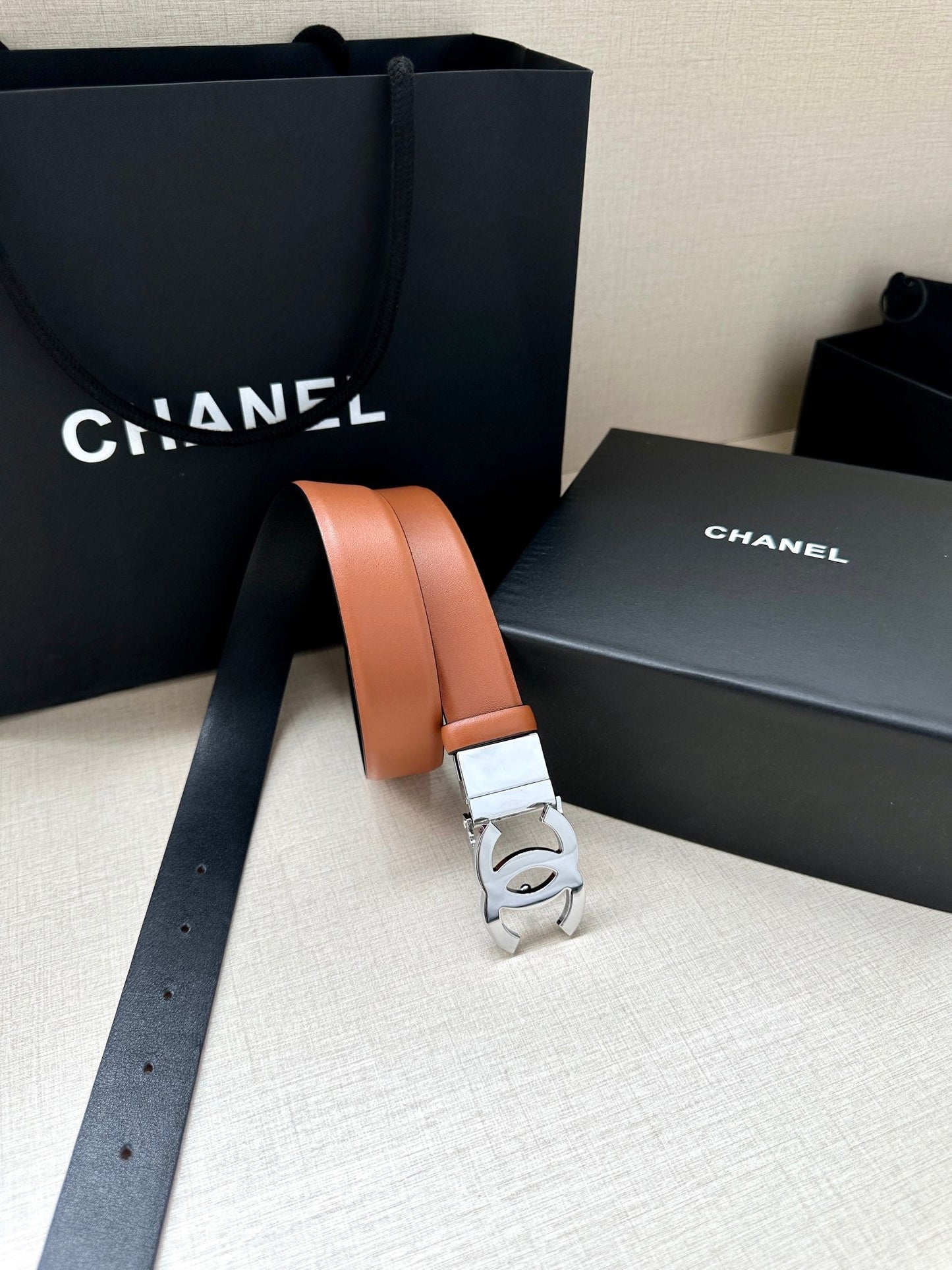 CC 30MM BELT IN BRONZE BROWN AND BLACK CALFSKIN WITH SILVER HARDWARE